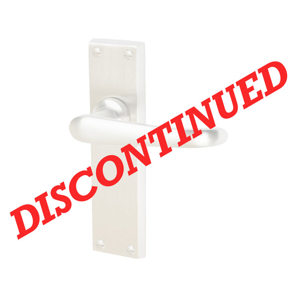 A silver metal lever door handle with a matching rectangular backplate, overlaid with a large diagonal red 'DISCONTINUED' text banner on a plain white background. 