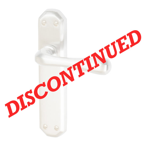 A white door handle set with a matching backplate, overlaid with a large red diagonal 'DISCONTINUED' text banner on a plain white background. 