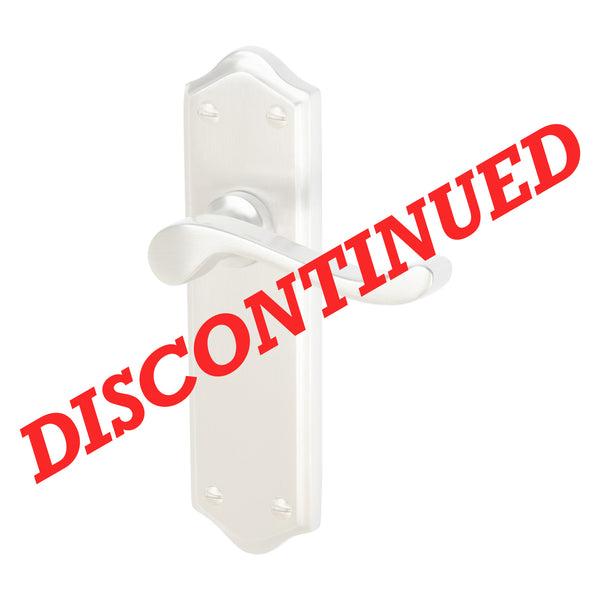 A white door handle set with a matching backplate, overlaid with a large diagonal red 'DISCONTINUED' text banner on a plain white background. 