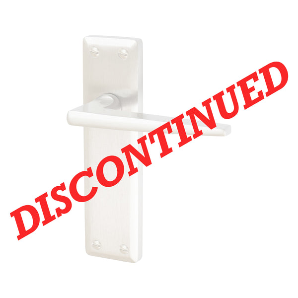 A white lever-handle door pull with a matching rectangular backplate, shown on a plain white background with a large red diagonal 'DISCONTINUED' overlay. 