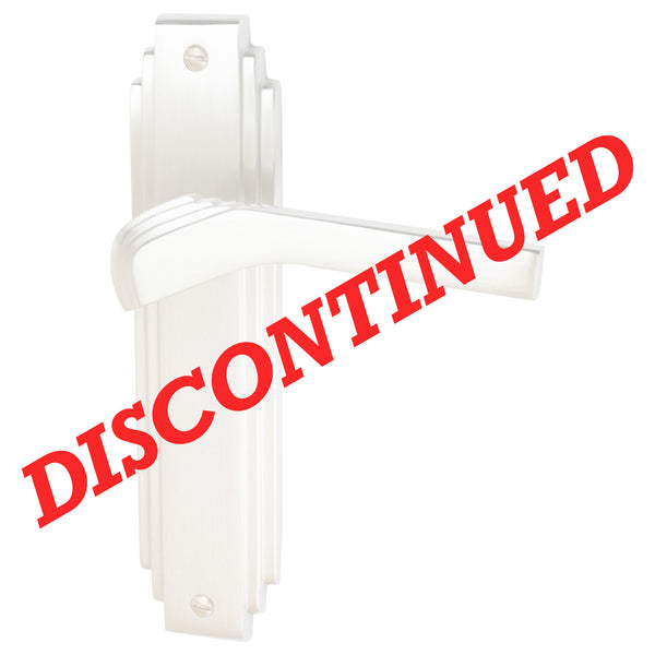 A white door handle set with a matching backplate, overlaid with a large diagonal red 'DISCONTINUED' text banner on a plain white background. 