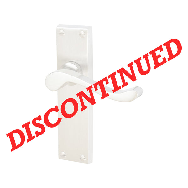 A white lever-handle door lockset on a white background with a large red diagonal 'DISCONTINUED' text overlay. 