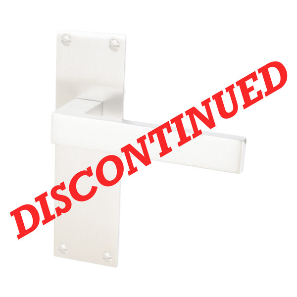 A white metal door handle and mounting plate shown on a white background, with a large red diagonal 'DISCONTINUED' text overlay. 