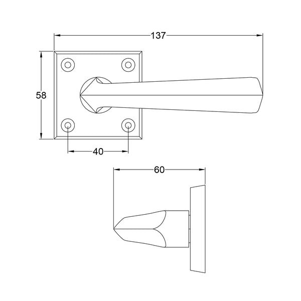  Technical drawing of a Donnington door handle on rose with dimensions labeled