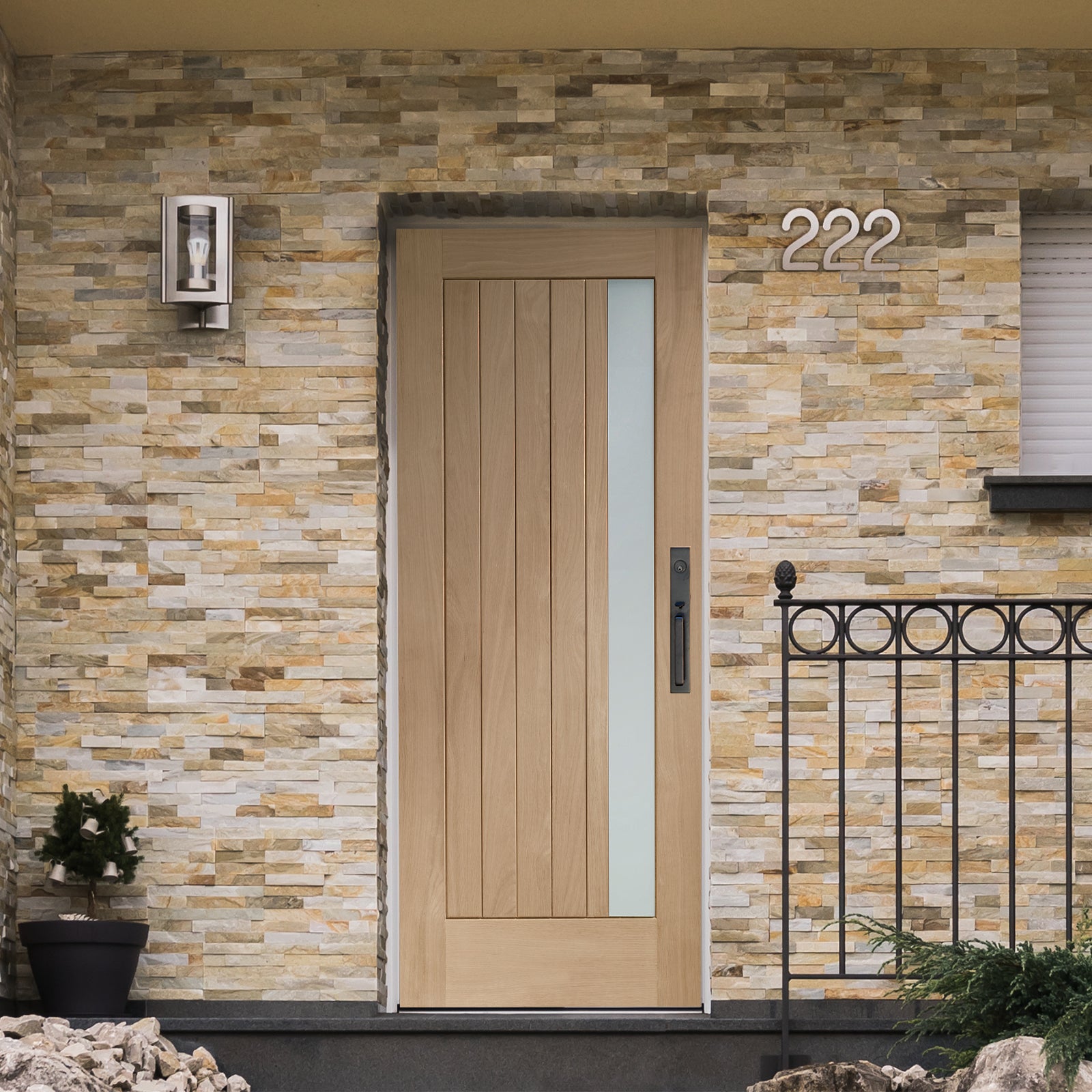 SHOW External Oak Trieste M&T Door with Double Glazed Obscure Glass lifestyle