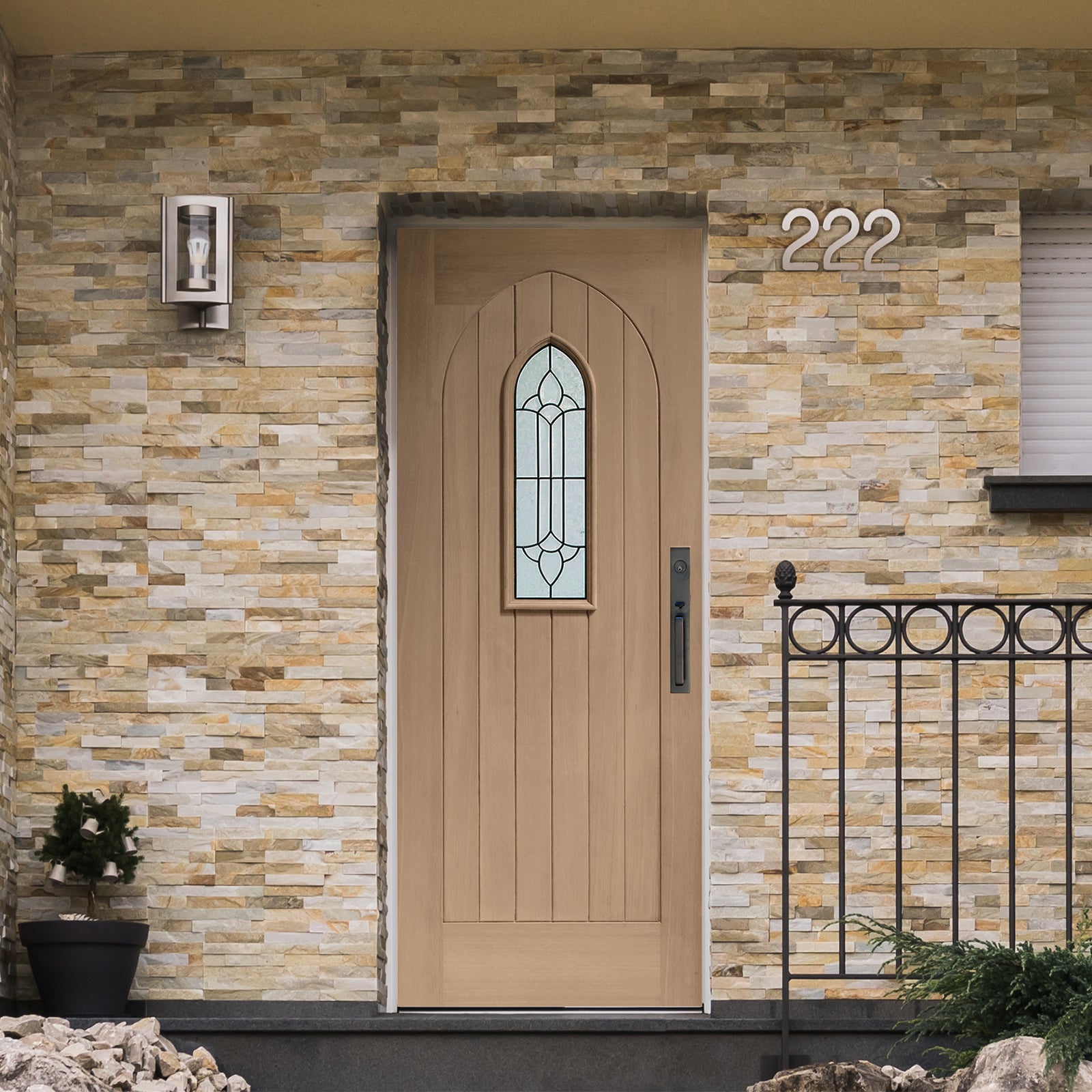 SHOW External Oak Westminster M&T Door with Triple Glazed Glass and Brass Caming lifestyle