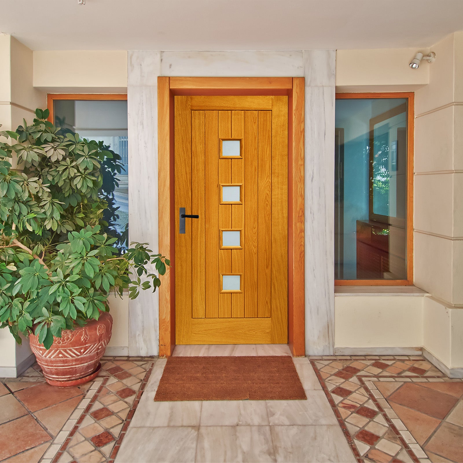 SHOW External Oak Siena Door with Double Glazed Obscure Glass lifestyle