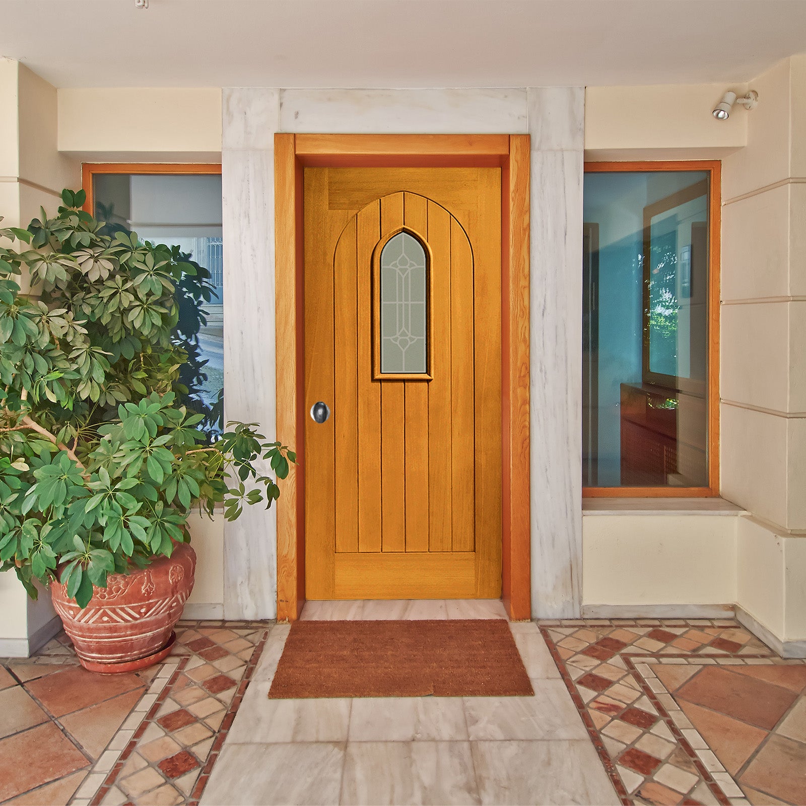 SHOW External Oak Westminster Door with Double Glazed Decorative Glass lifestyle