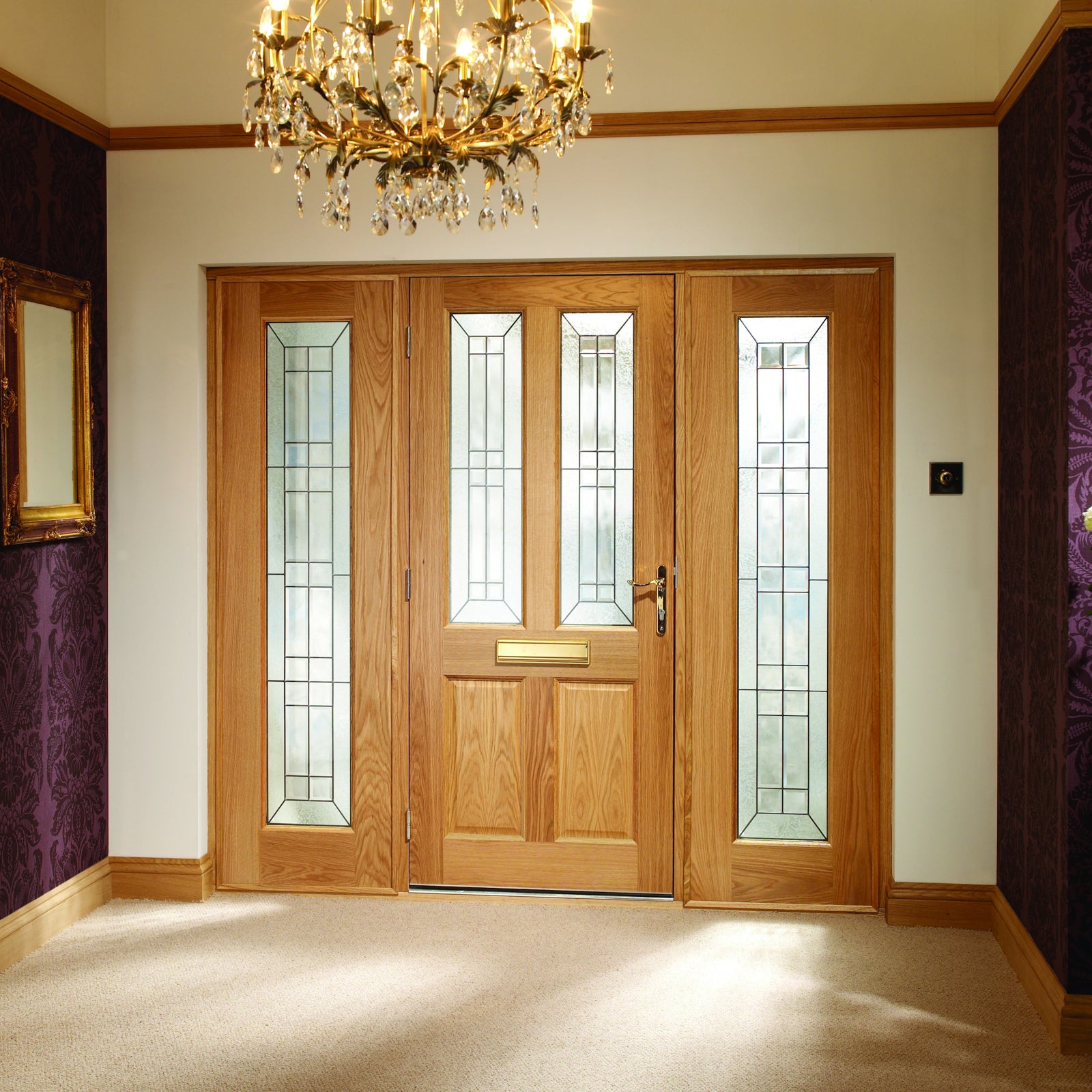 SHOW External Oak Malton M&T Door with Triple Glazed Diamond Glass and Black Caming lifestyle