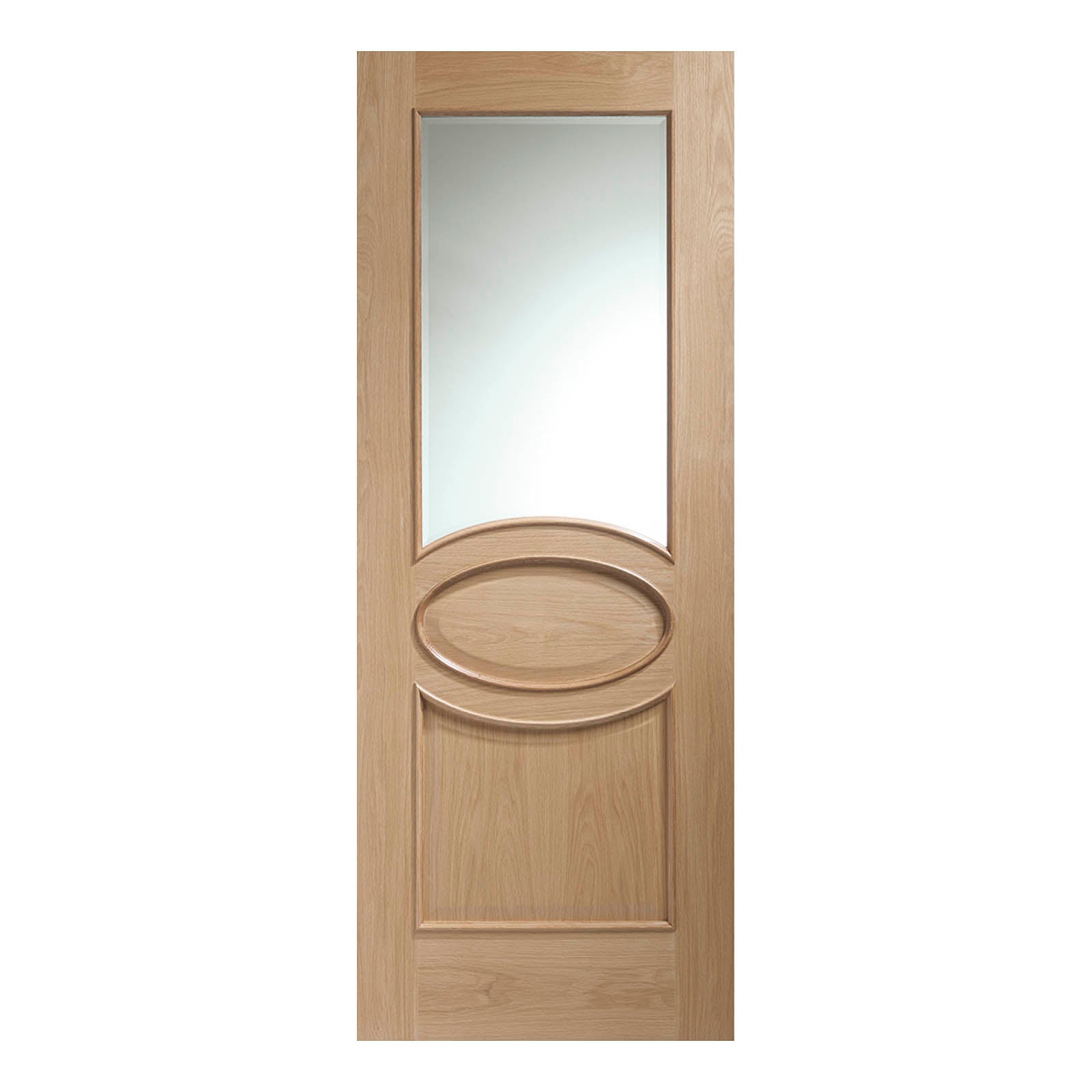 Internal Oak Calabria Door with Clear Bevelled Glass and Raised Mouldings