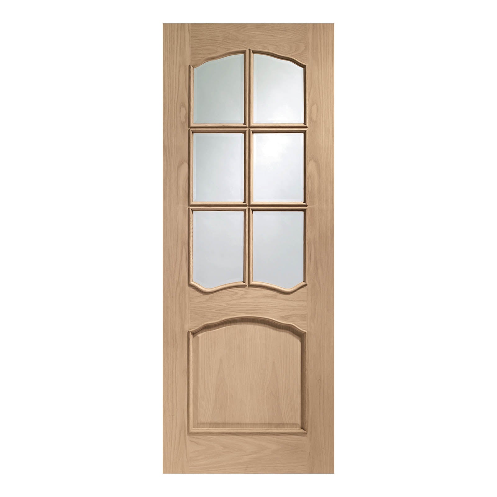 Internal Oak Riviera Door with Clear Bevelled Glass and Raised Mouldings