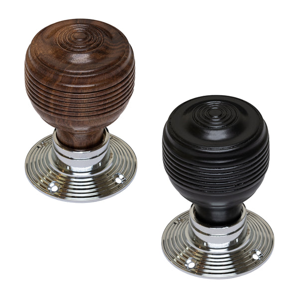 Georgian rosewood and ebonised wooden door knob with chrome rose plate