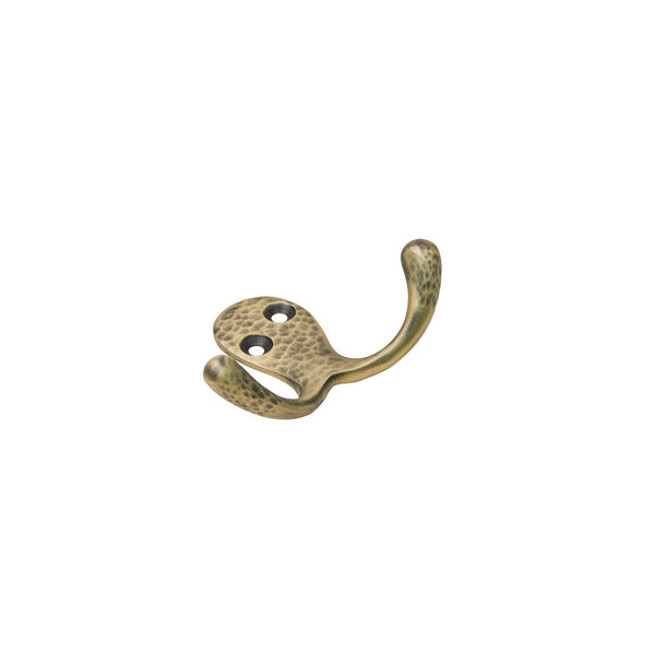  Image of Hammered Double Robe Hook in Antique Brass finish