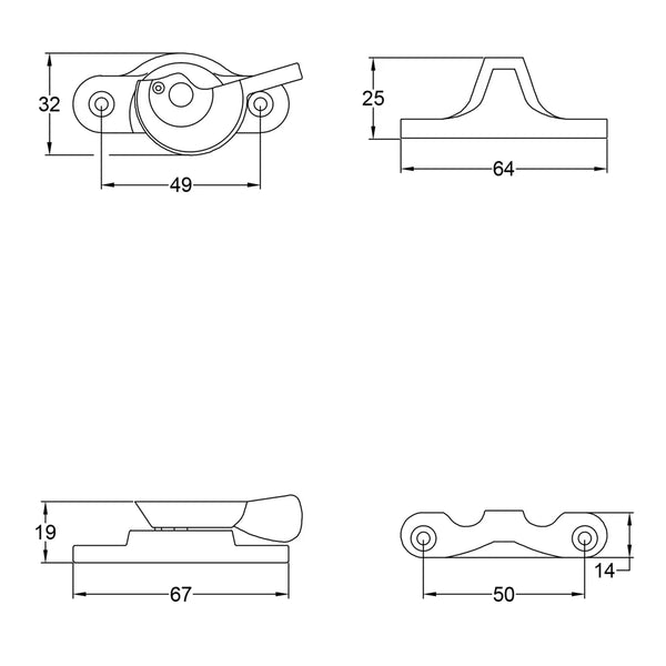  technical drawing of Unlacquered Brass Fitch Sash Fastener