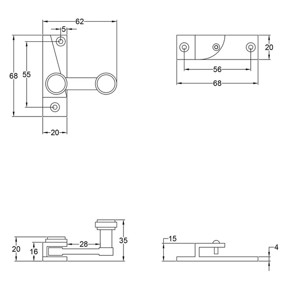  Tech Drawing of Unlacquered Brass Classic Hook Plate Sash Fastener