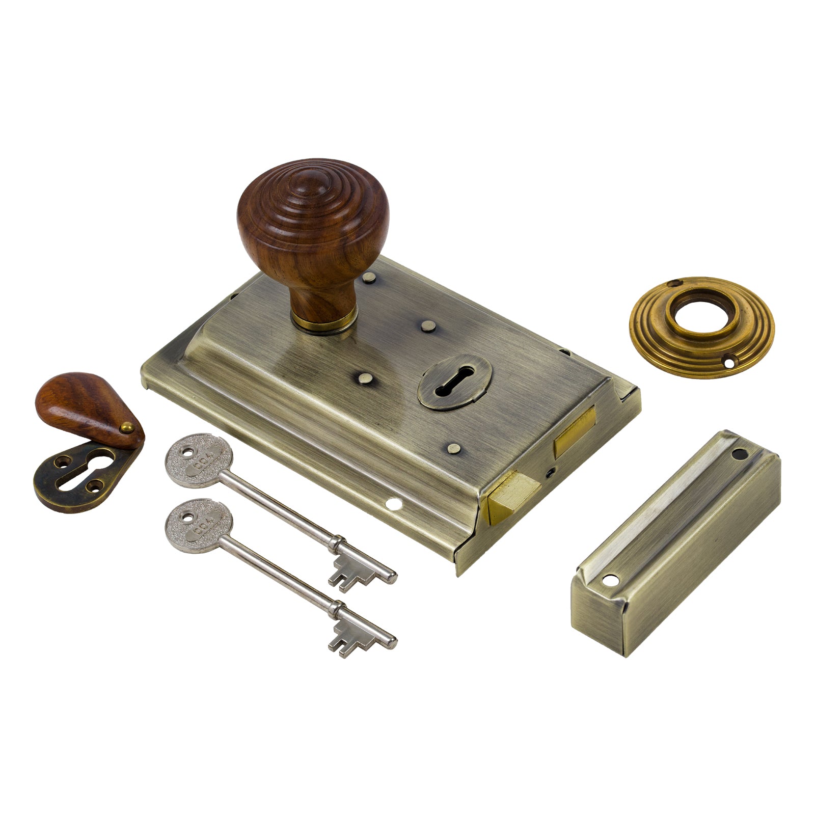 SHOW Ringed Door Knob Set - Rosewood & Antique On Antique Brass Rim Lock