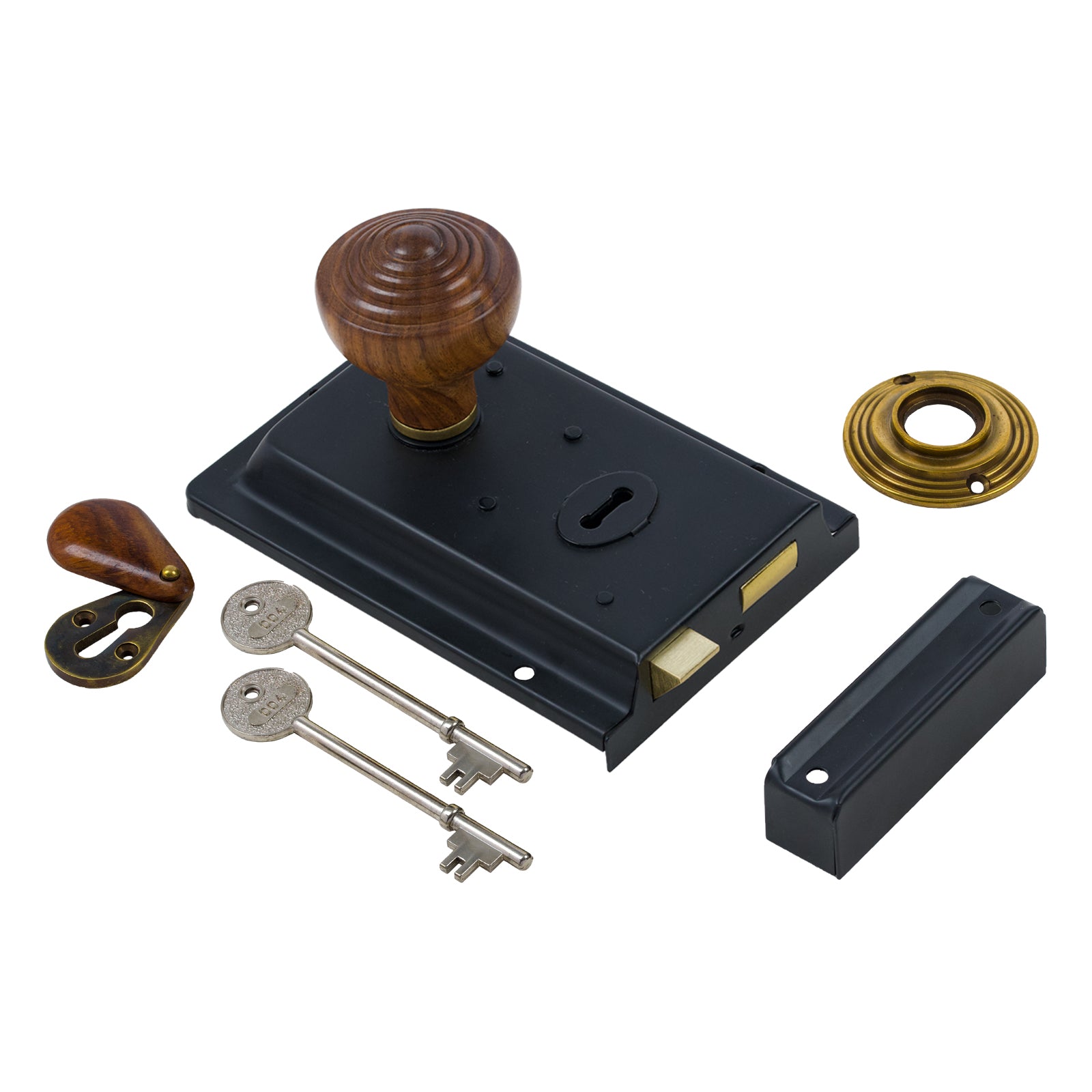 SHOW Ringed Door Knob Set - Rosewood & Antique On Black Rim Lock