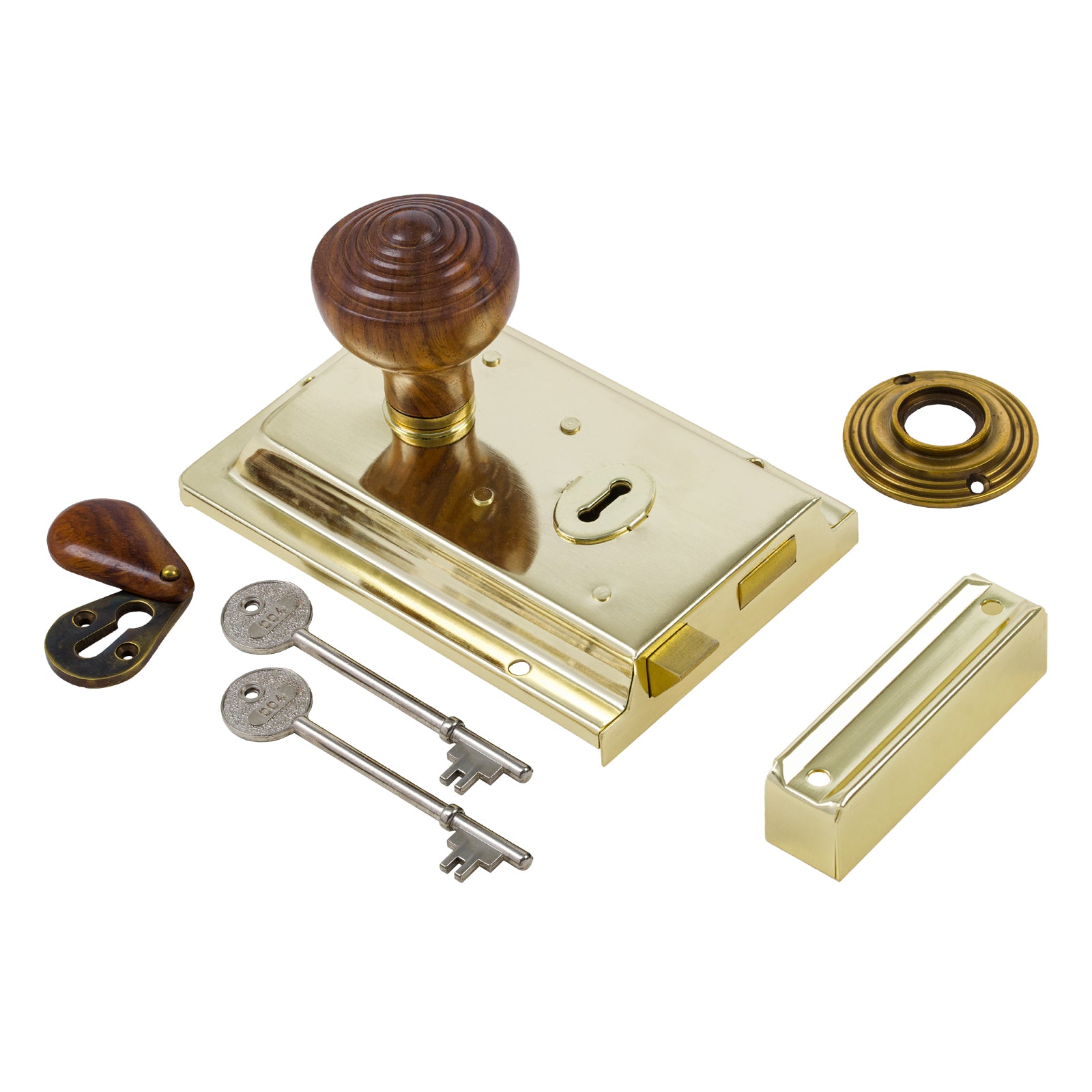 SHOW Ringed Door Knob Set - Rosewood & Antique On Polished Brass Rim Lock