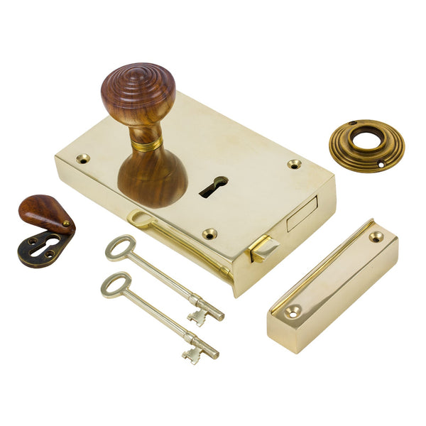  Left Handed Large Brass Rim Lock with Ringed Door Knob Set - Rosewood