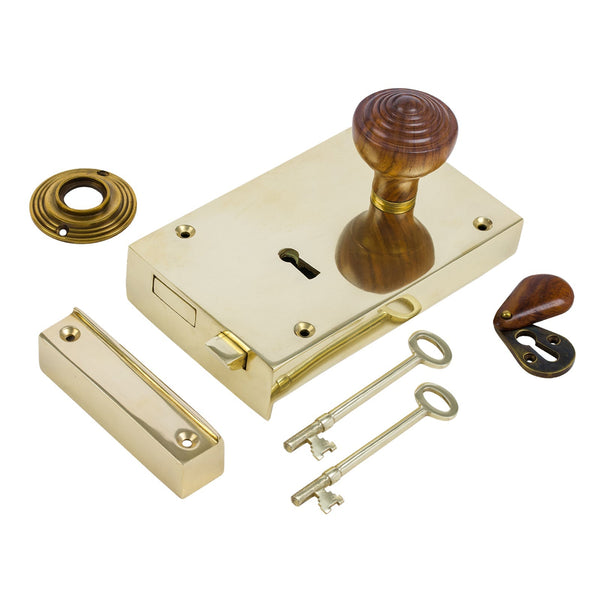  Right Handed Large Brass Rim Lock with Ringed Door Knob Set - Rosewood