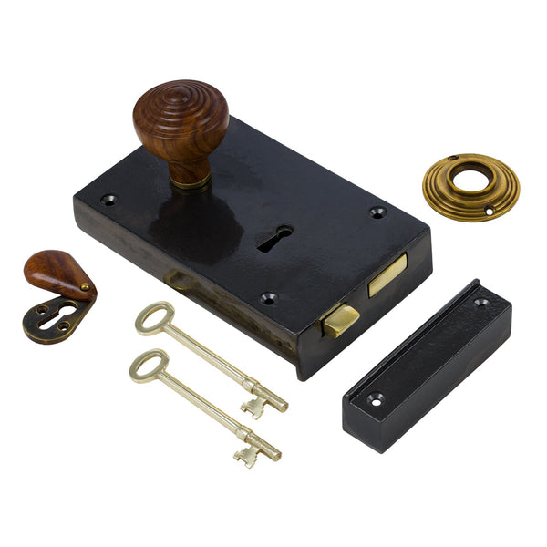  Left Handed Large Cast Iron Rim Lock With Ringed Door Knob Set - Rosewood