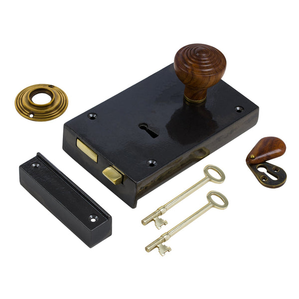  Right Handed Large Cast Iron Rim Lock With Ringed Door Knob Set - Rosewood