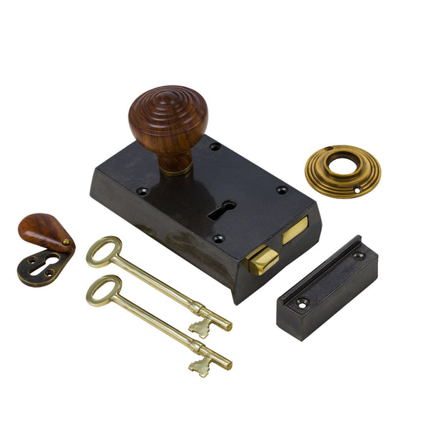  Left Handed Small Cast Iron Rim Lock With Ringed Door Knob Set - Rosewood