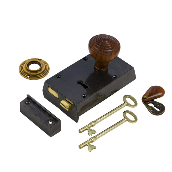  Right Handed Small Cast Iron Rim Lock With Ringed Door Knob Set - Rosewood