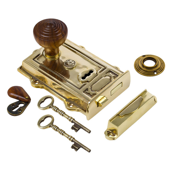  Image of Ornate Brass Rim Lock with Ringed Door Knob Set - Rosewood