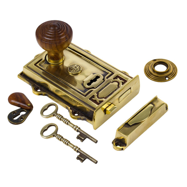  Image of Ornate Antique Brass Rim Lock with Ringed Door Knob Set - Rosewood