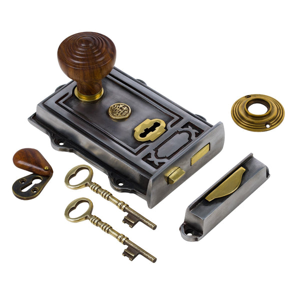  Image of Ornate Iron Rim Lock with Ringed Door Knob Set - Rosewood