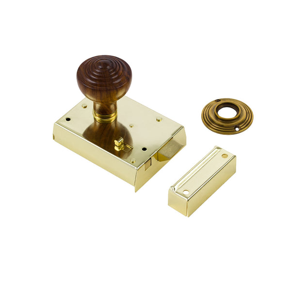  Ringed Door Knob Set - Rosewood & Antique On Polished Brass Bathroom Rim Lock