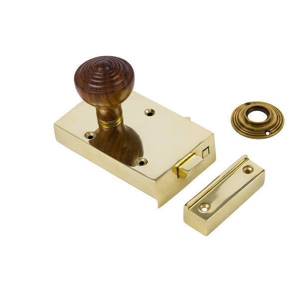  Left Handed Brass Bathroom Rim Lock with Ringed Door Knob Set - Rosewood