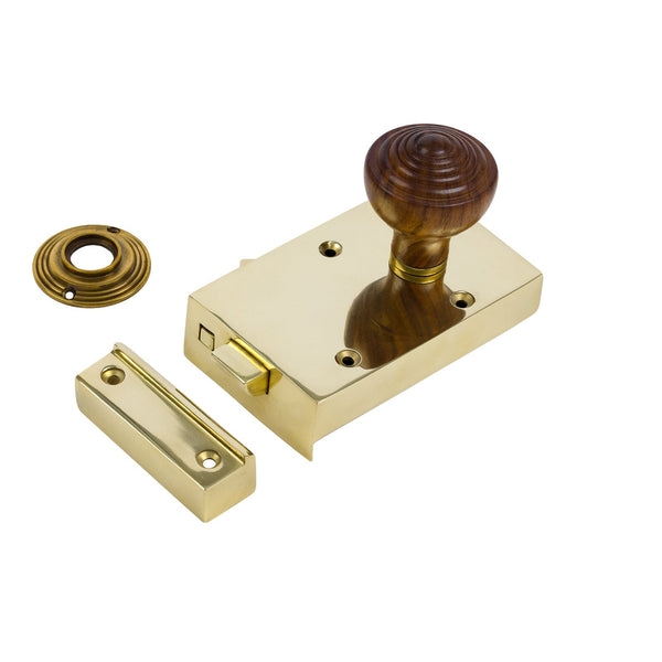  Right Handed Brass Bathroom Rim Lock with Ringed Door Knob Set - Rosewood