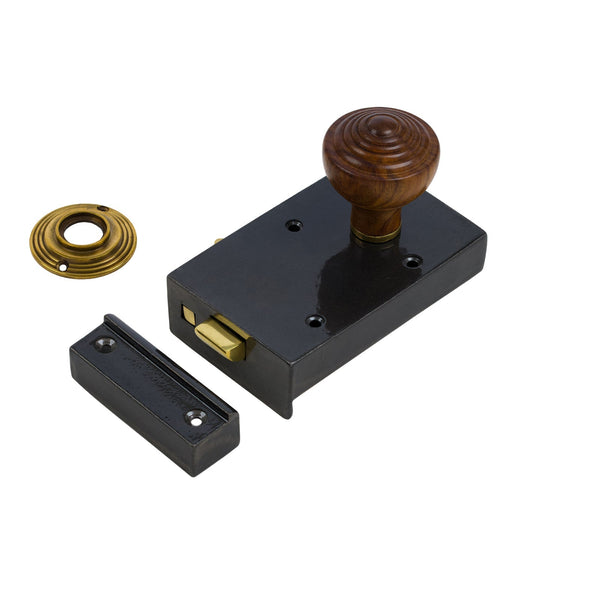  Right Handed Cast Iron Bathroom Rim Lock With Ringed Door Knob Set - Rosewood
