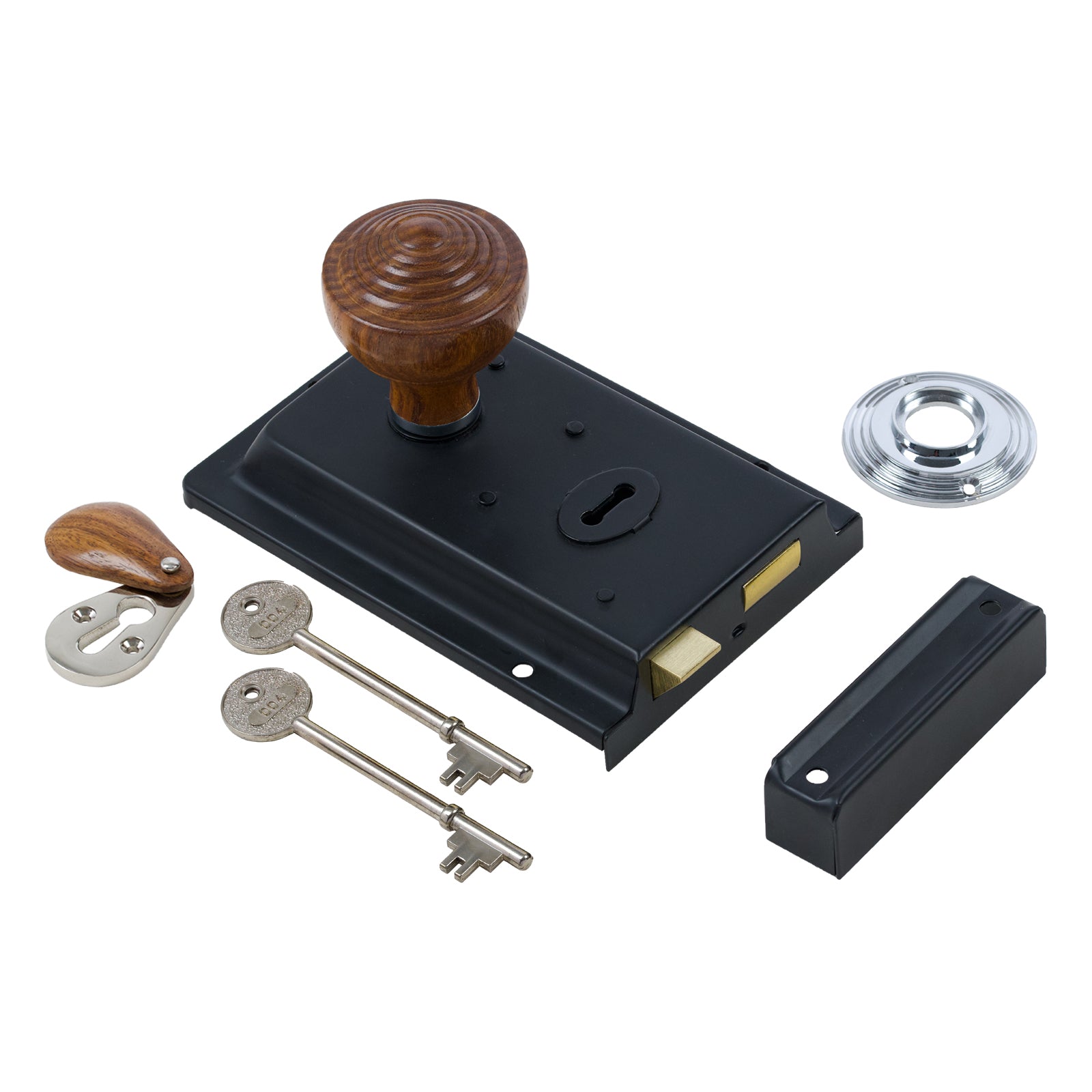 SHOW Ringed Door Knob Set - Rosewood & Chrome On Black Rim Lock