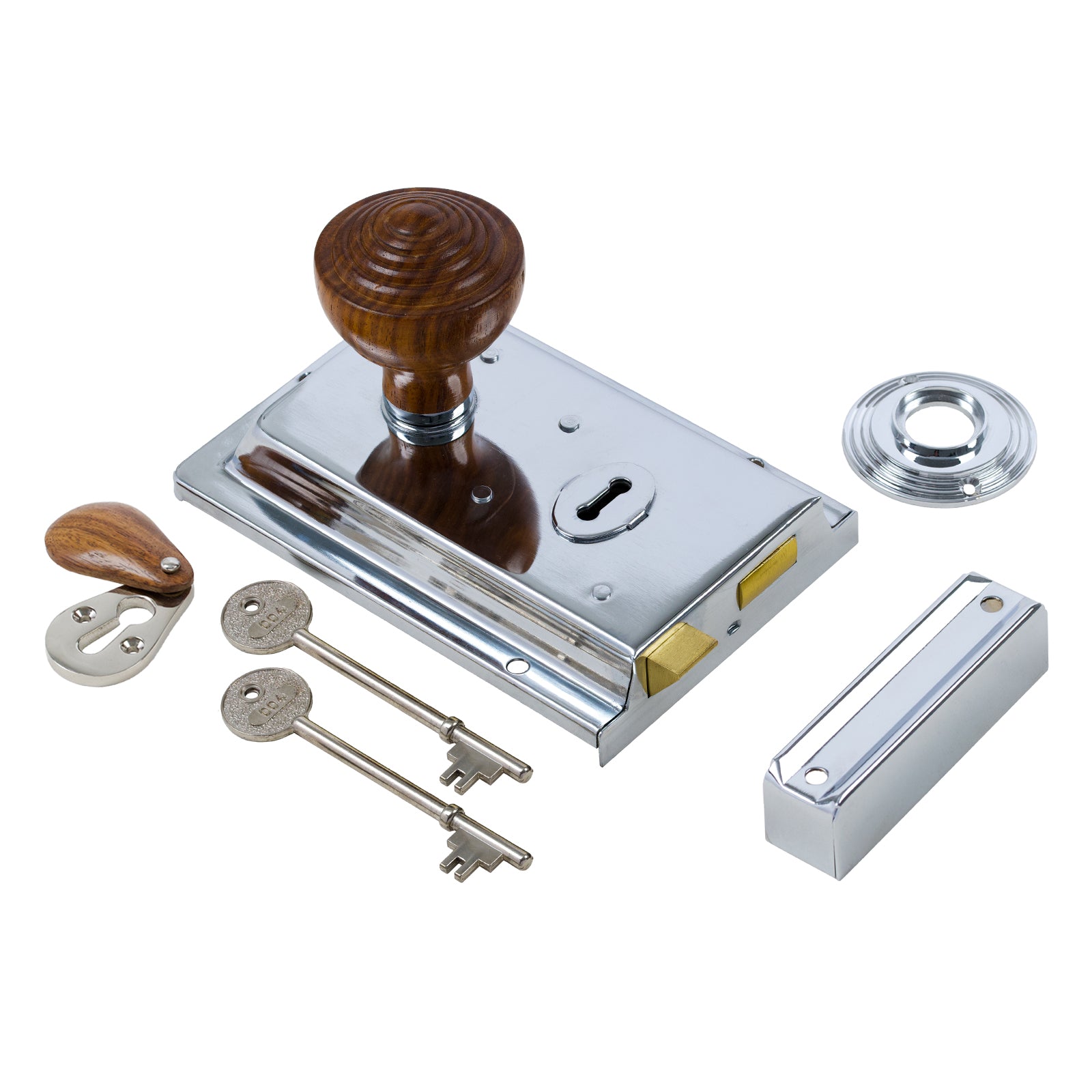 SHOW Ringed Door Knob Set - Rosewood & Chrome On Polished Chrome Rim Lock