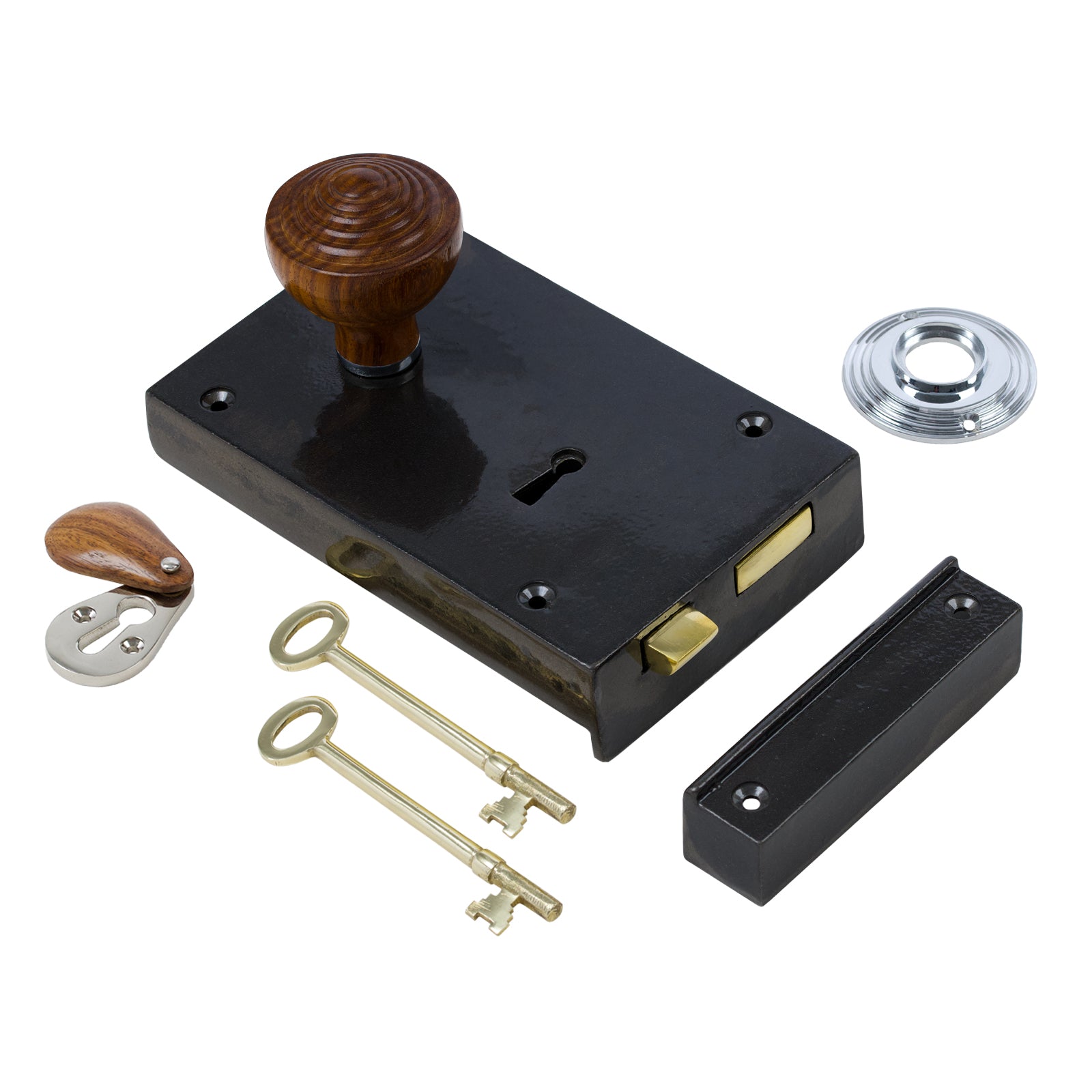 SHOW Left Handed Large Cast Iron Rim Lock With Ringed Door Knob Set - Rosewood & Chrome