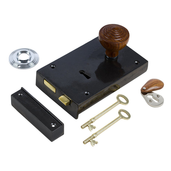  Right Handed Large Cast Iron Rim Lock With Ringed Door Knob Set - Rosewood & Chrome