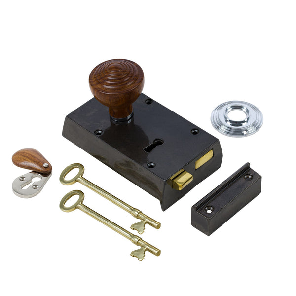  Left Handed Small Cast Iron Rim Lock With Ringed Door Knob Set - Rosewood & Chrome
