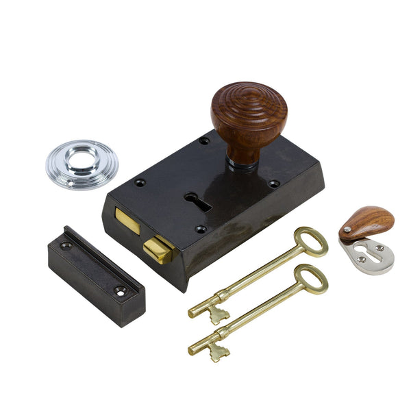  Right Handed Small Cast Iron Rim Lock With Ringed Door Knob Set - Rosewood & Chrome