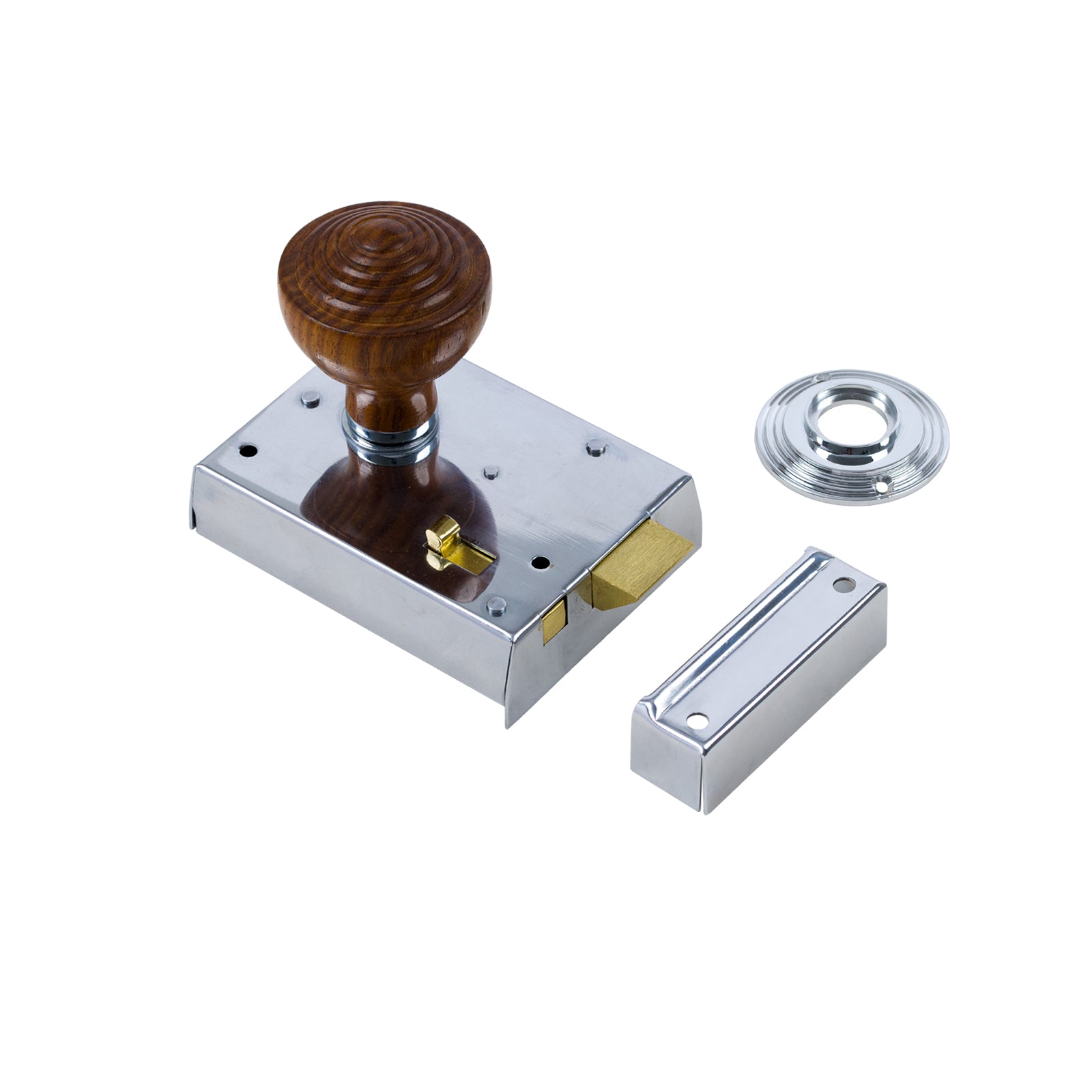SHOW Ringed Door Knob Set - Rosewood & Chrome On Polished Chrome Bathroom Rim Lock
