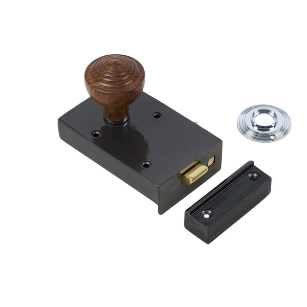  Left Handed Cast Iron Bathroom Rim Lock With Ringed Door Knob Set - Rosewood & Chrome