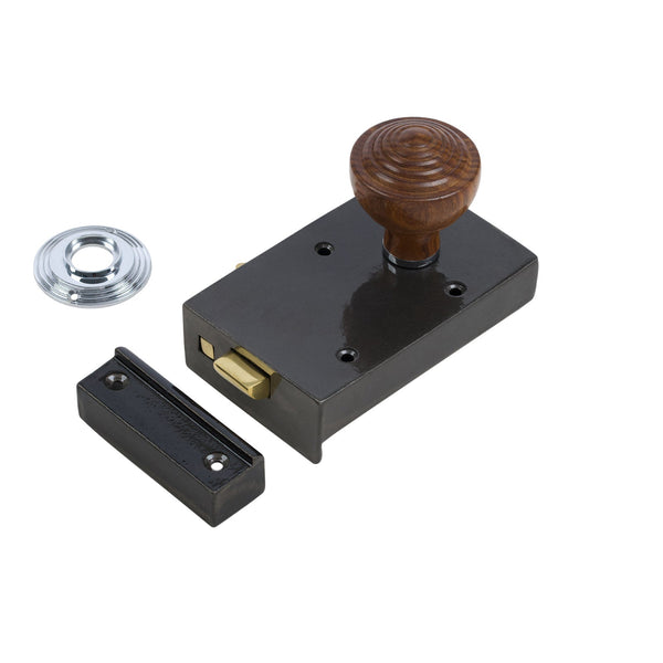  Right Handed Cast Iron Bathroom Rim Lock With Ringed Door Knob Set - Rosewood & Chrome