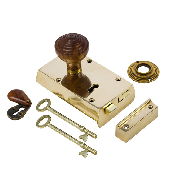  Left Handed Small Brass Rim Lock with Rosewood Ringed Door Knob Set - Rosewood
