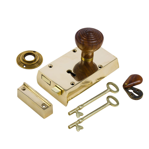  Right Handed Small Brass Rim Lock with Rosewood Ringed Door Knob Set - Rosewood