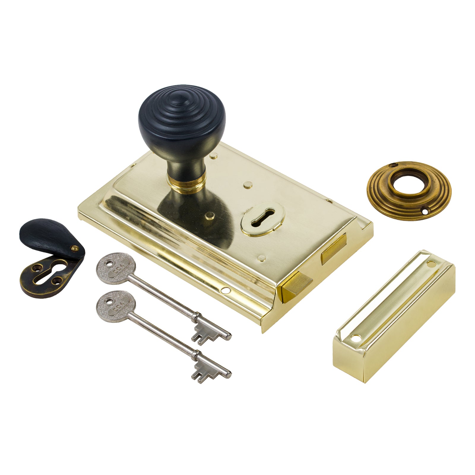 SHOW Ringed Door Knob Set - Ebonised & Antique On Polished Brass Rim Lock