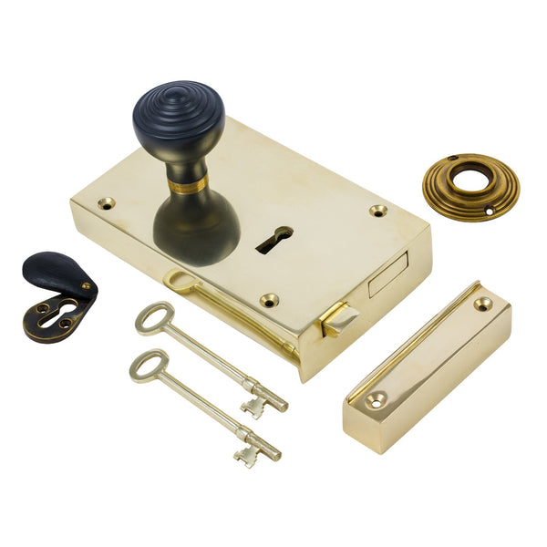  Left Handed Large Brass Rim Lock with Ringed Door Knob Set - Ebonised
