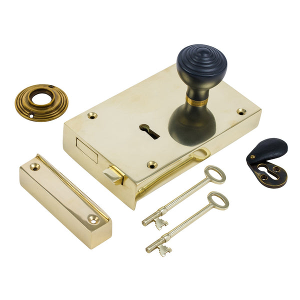  Right Handed Large Brass Rim Lock with Ringed Door Knob Set - Ebonised