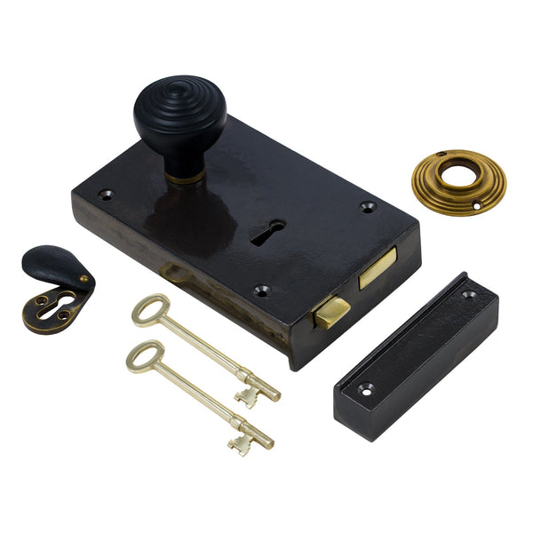  Left Handed Large Cast Iron Rim Lock With Ringed Door Knob Set - Ebonised